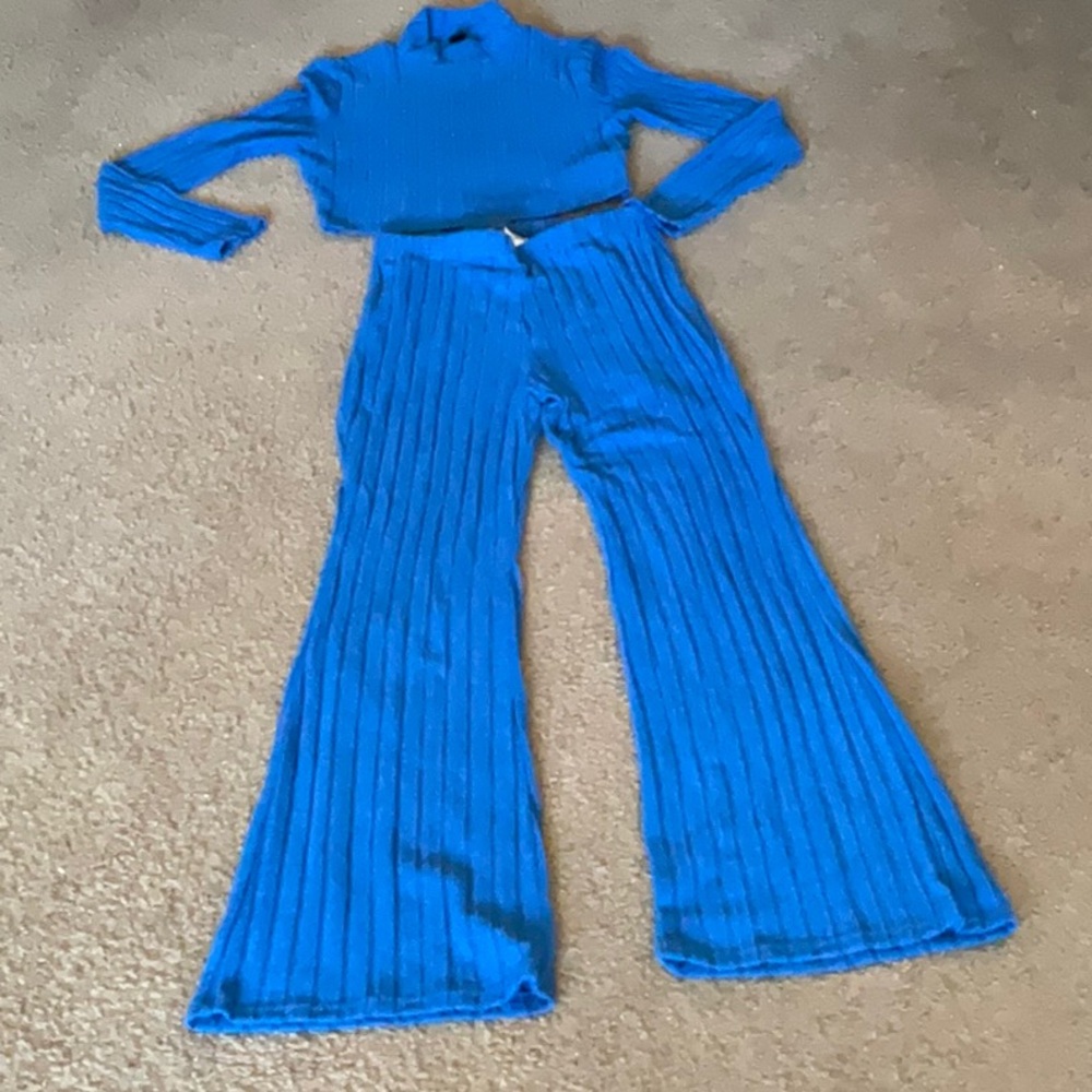 SHEIN Blue Flare Jumpsuit with Ribbed Texture